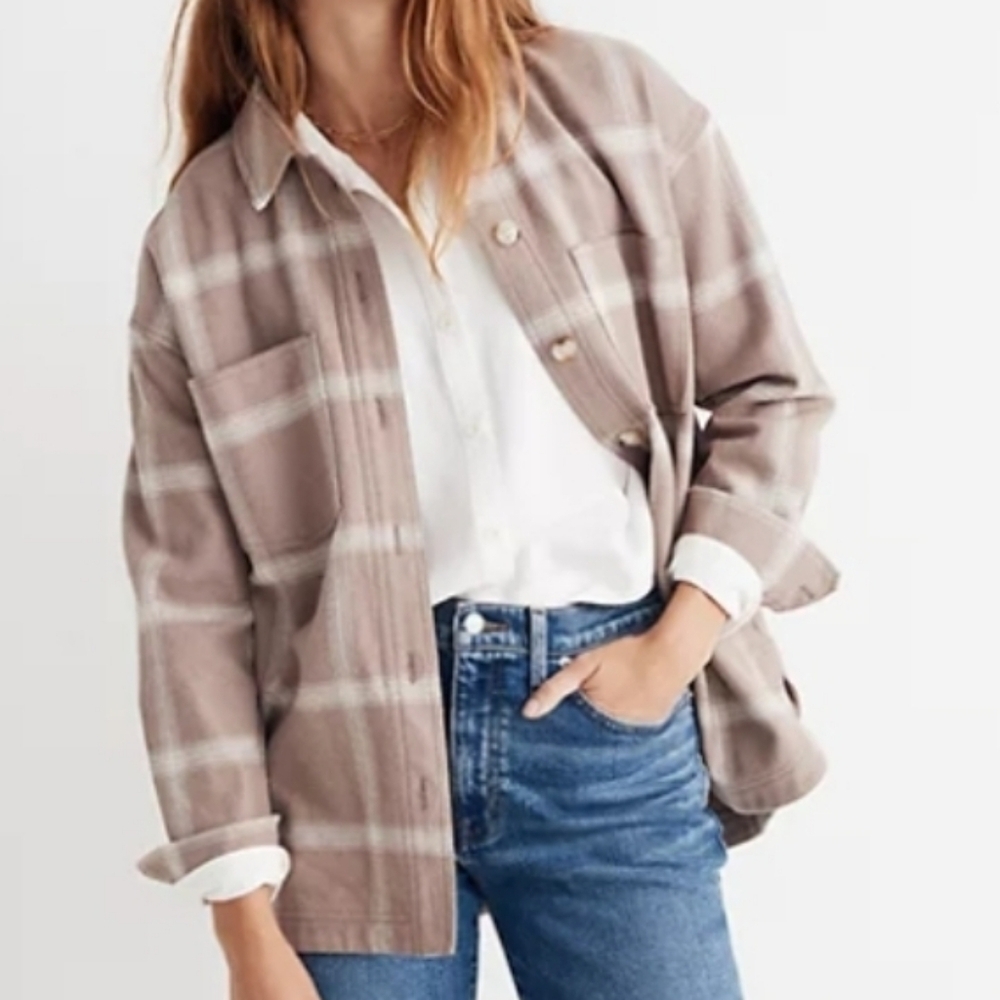 Madewell Kentwood Shirt Jacket Shacket Windowpane Flannel Tan Cream M